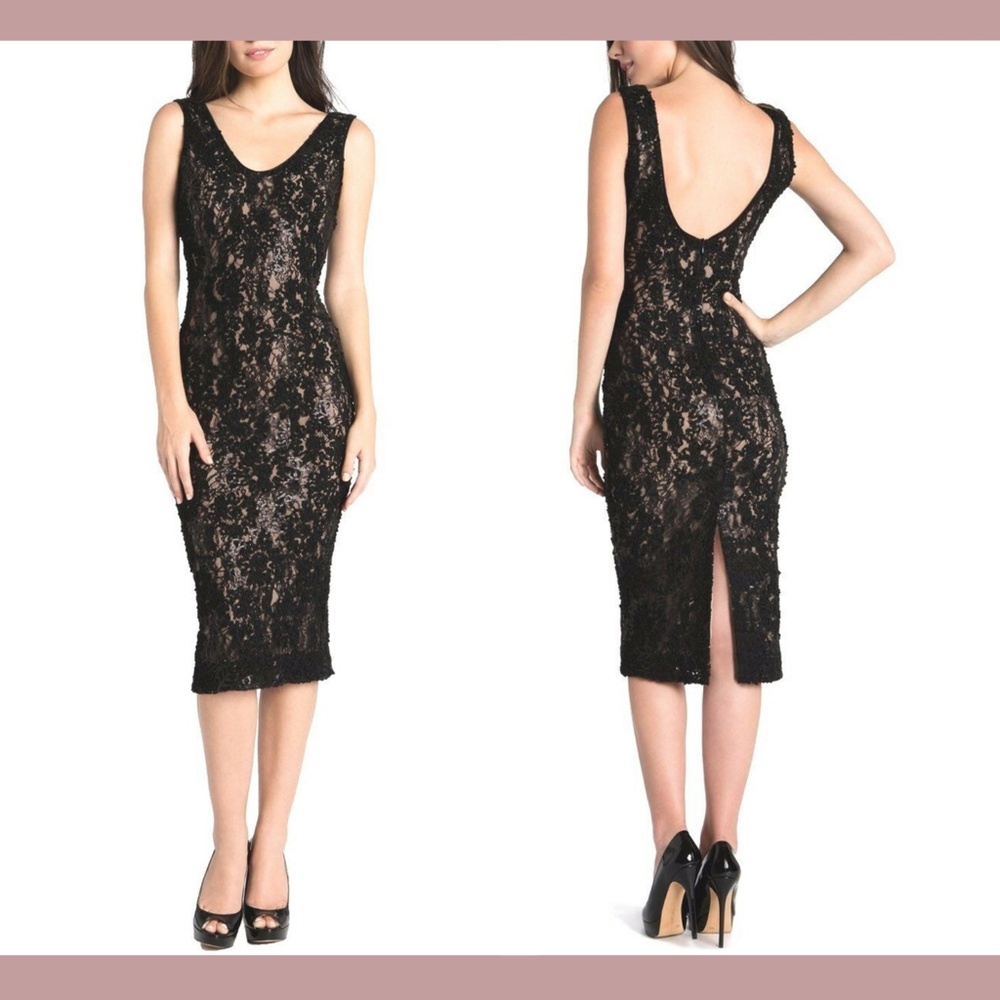 NEW Dress the Population [ XS ] Carole Sequin Lace Midi Dress Black/Nude‎